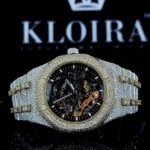 Black Skeleton Dial Yellow Gold Bezel Two Tone Moissanite Watch Front View