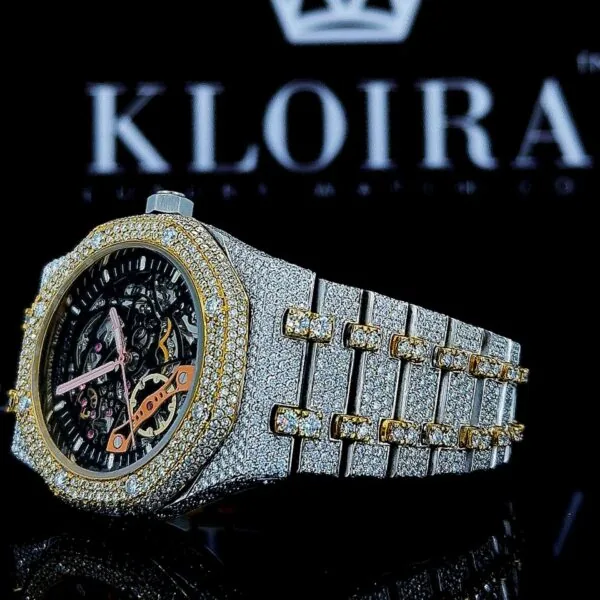 Black Skeleton Dial Yellow Gold Bezel Two Tone Moissanite Watch Left Profile View
