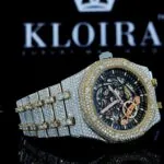 Black Skeleton Dial Yellow Gold Bezel Two Tone Moissanite Watch Right Profile View