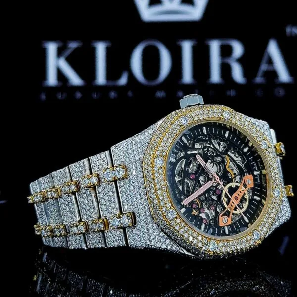 Black Skeleton Dial Yellow Gold Bezel Two Tone Moissanite Watch Right Profile View