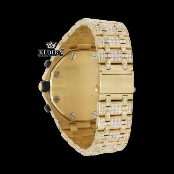 Black Standard Numerals Chronograph Yellow Gold Iced Out Moissanite Watch Caseback View