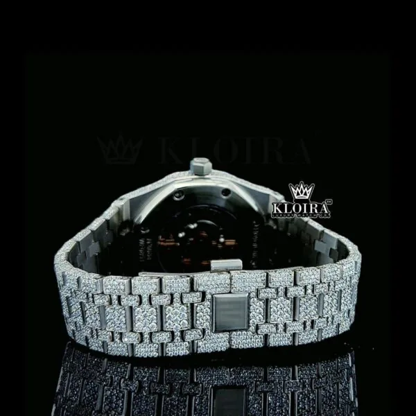 Black Stick Dial White Gold Fully Iced Out Moissanite Watch Caseback View
