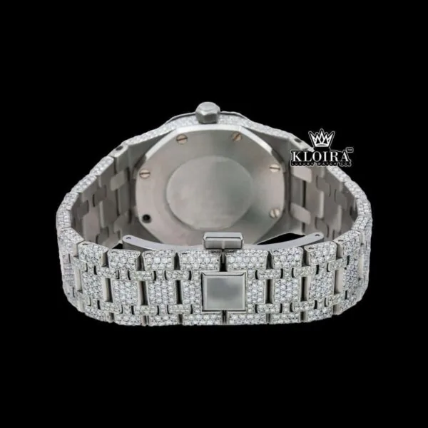 Black Stick Markers Dial Block Link Strap Fully Iced Out Moissanite Watch Caseback View