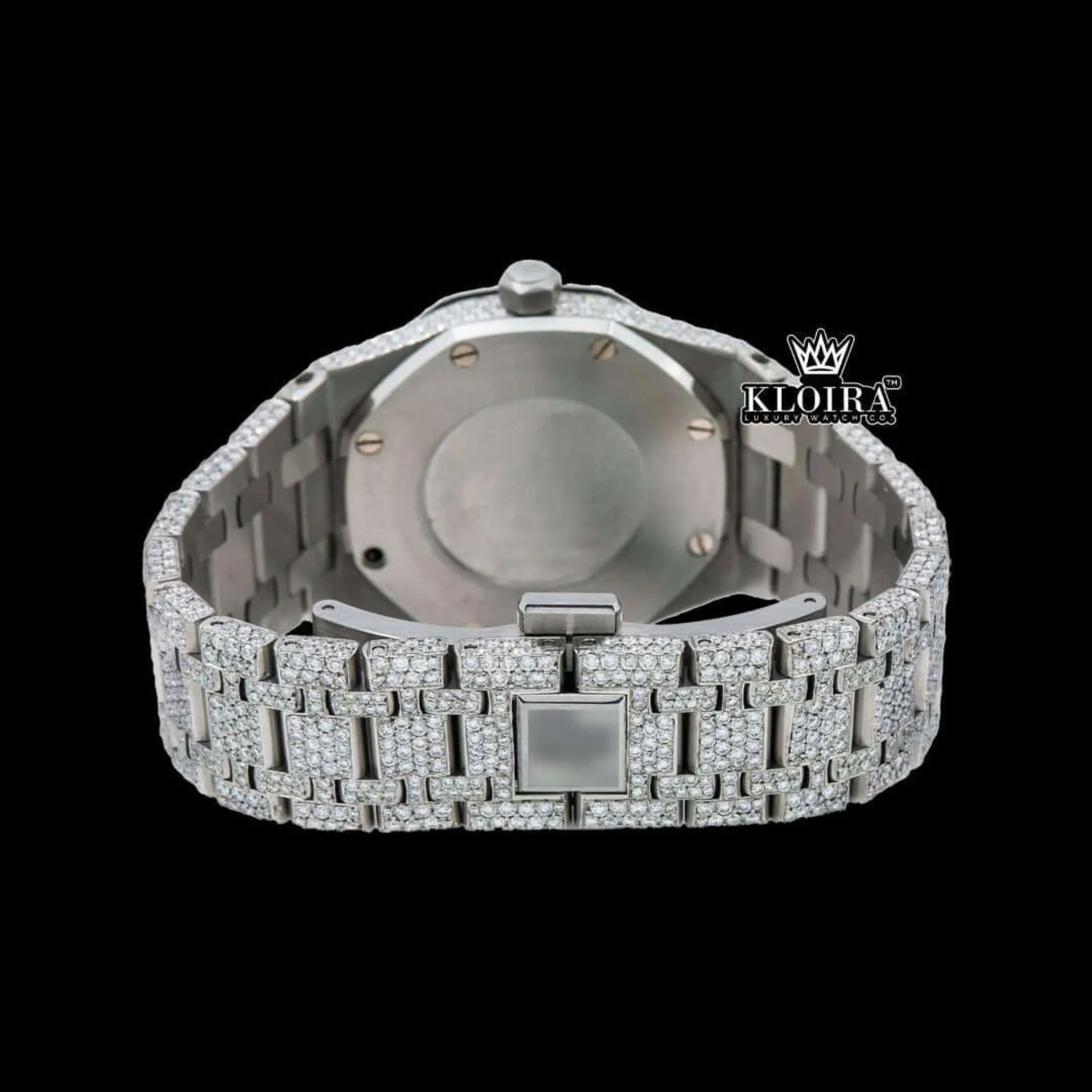 Black Stick Markers Dial Block Link Strap Fully Iced Out Moissanite Watch Caseback View