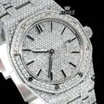 Black Stick Markers Dial Block Link Strap Fully Iced Out Moissanite Watch Close Up Dial View