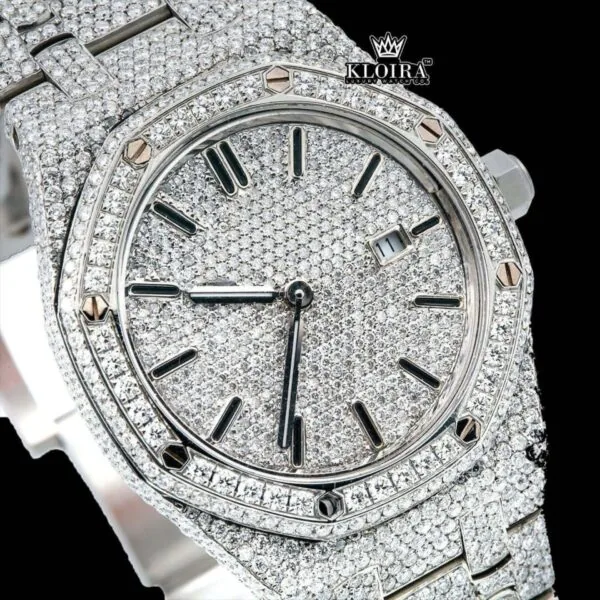 Black Stick Markers Dial Block Link Strap Fully Iced Out Moissanite Watch Close Up Dial View
