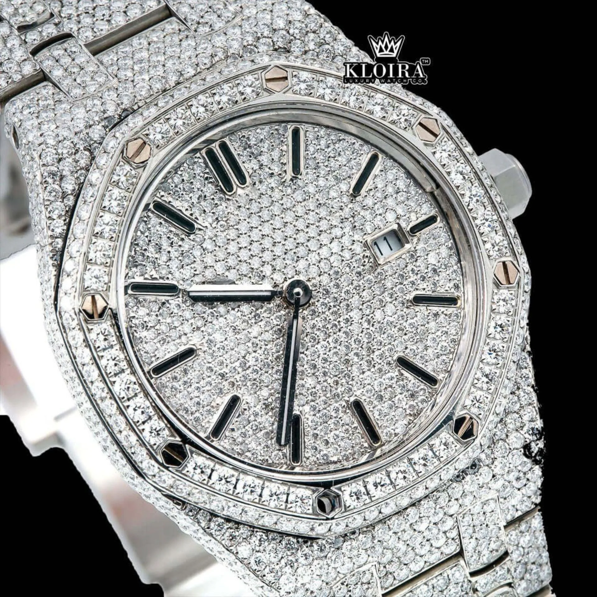 Black Stick Markers Dial Block Link Strap Fully Iced Out Moissanite Watch Close Up Dial View