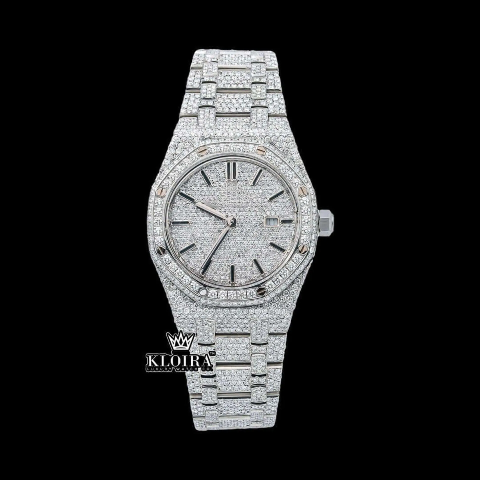 Black Stick Markers Dial Block Link Strap Fully Iced Out Moissanite Watch Front View