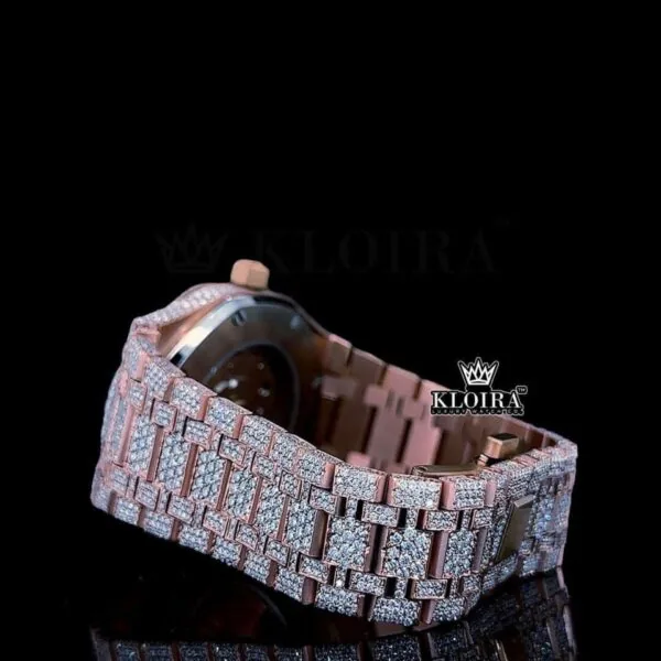 Black Stick Markers Dial Rose Gold Fully Iced Out Natural Diamond Watch Left Side Bracelet View