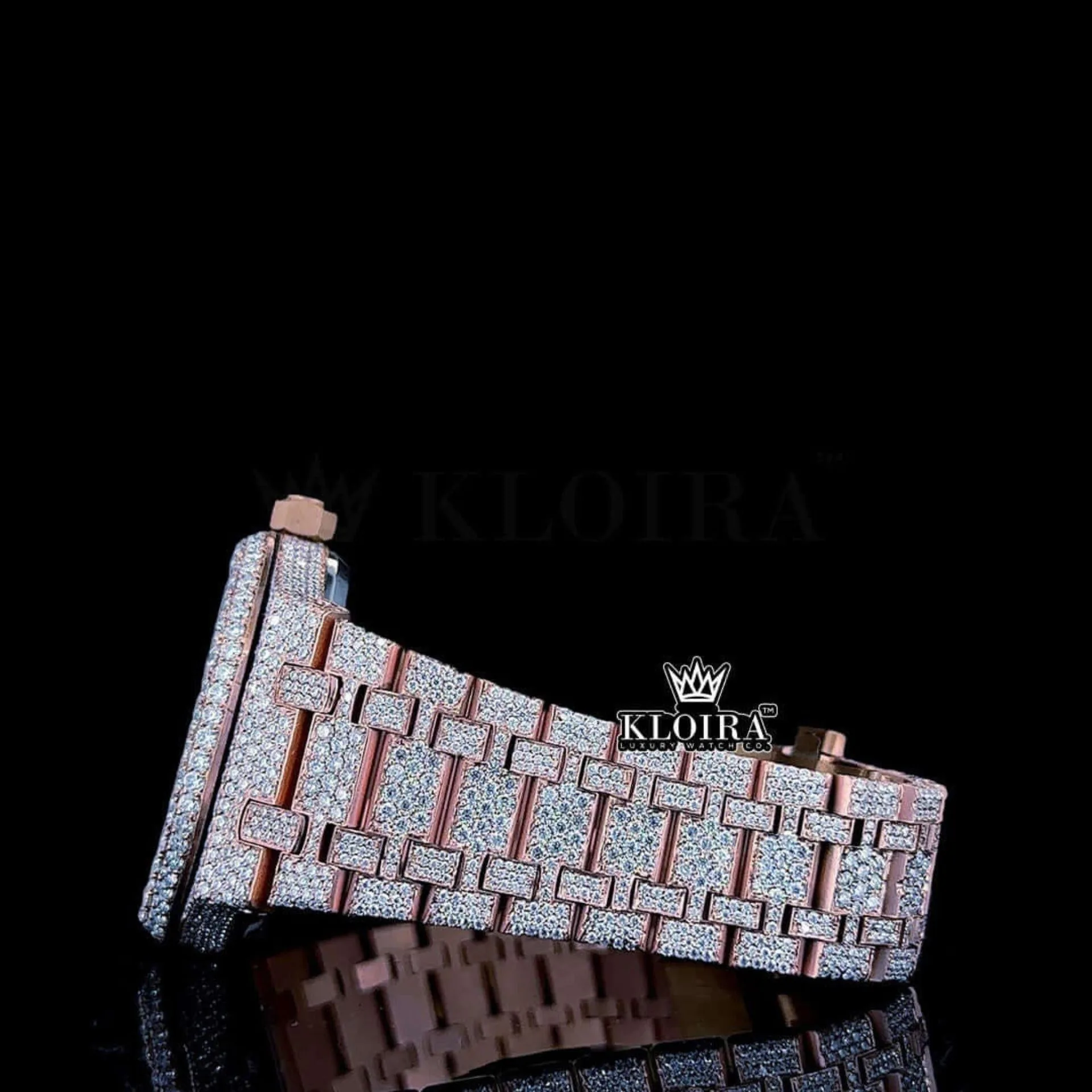 Black Stick Markers Dial Rose Gold Fully Iced Out Natural Diamond Watch Left Side View