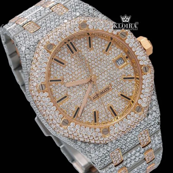 Black Stick Markers Rose Face Two Tone Moissanite Diamond Watch Close Up Dial View
