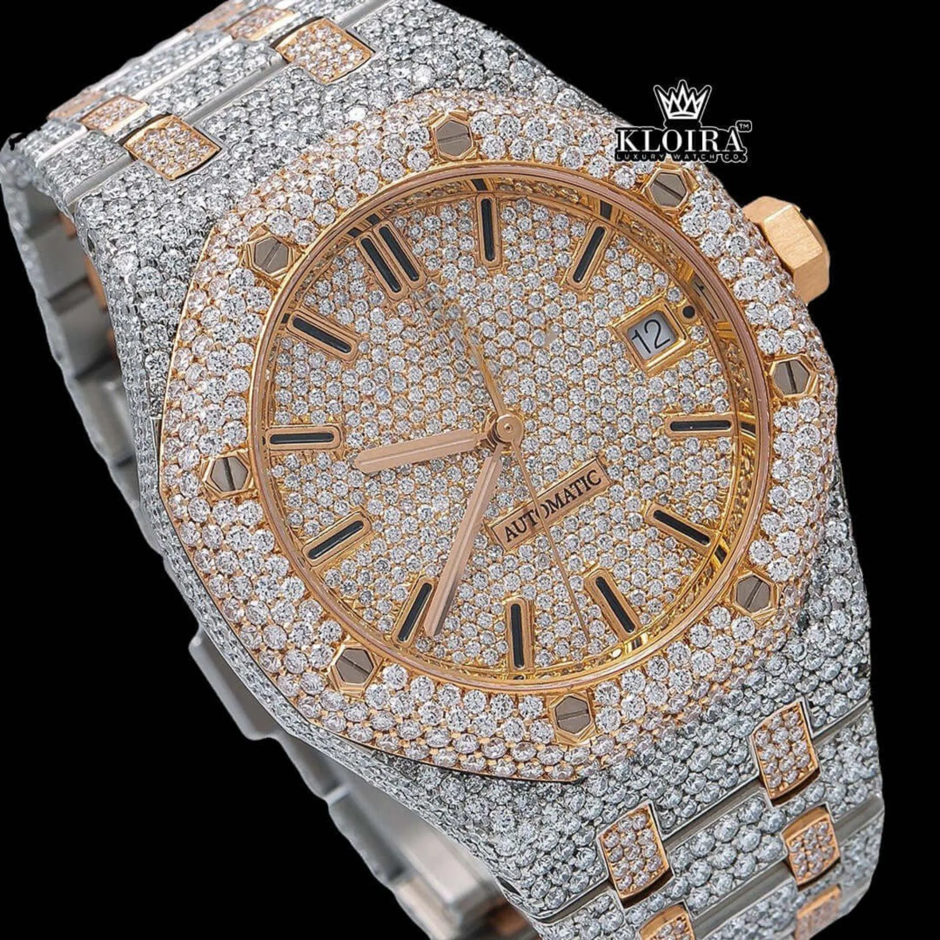 Black Stick Markers Rose Face Two Tone Moissanite Diamond Watch Close Up Dial View