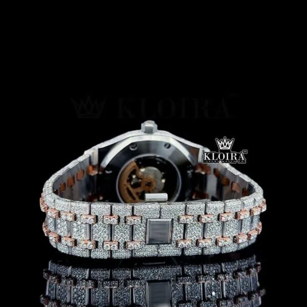 Black Stick Markers Dial Two Tone Rose Gold Iecd Out Natural Diamond Watch Caseback View