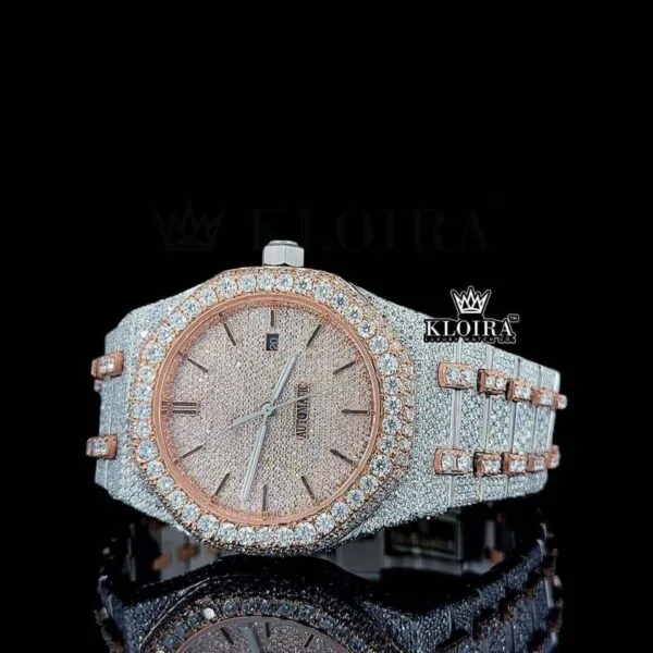 Black Stick Markers Dial Two Tone Rose Gold Iecd Out Natural Diamond Watch Left Profile View