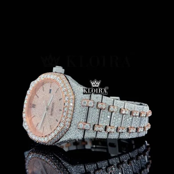 Black Stick Markers Dial Two Tone Rose Gold Iecd Out Natural Diamond Watch Left Side View