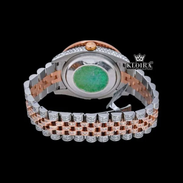 Black Stick Markers Dial Two Tone Rose Gold Moissanite Watch Caseback View