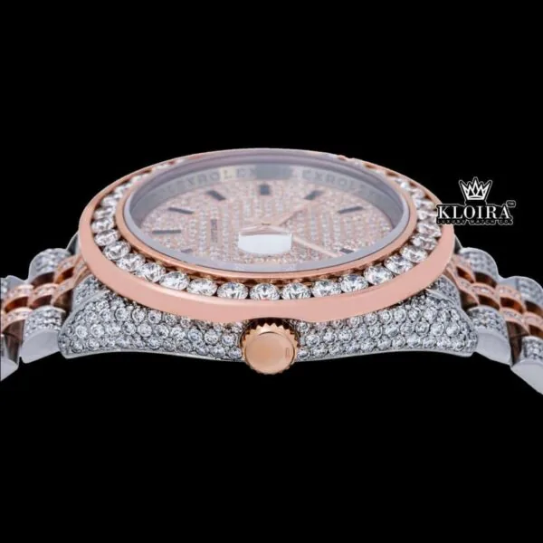 Black Stick Markers Dial Two Tone Rose Gold Moissanite Watch Crown View