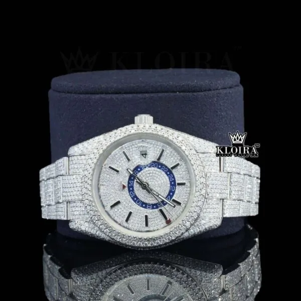 Black Stick Markers Dual Time Dial Fully Iced Out Moissanite Watch Close Up Front View