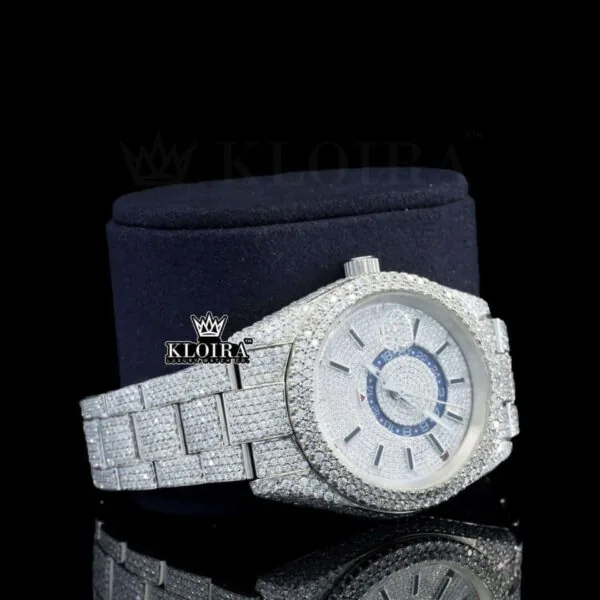 Black Stick Markers Dual Time Dial Fully Iced Out Moissanite Watch Right Profile View