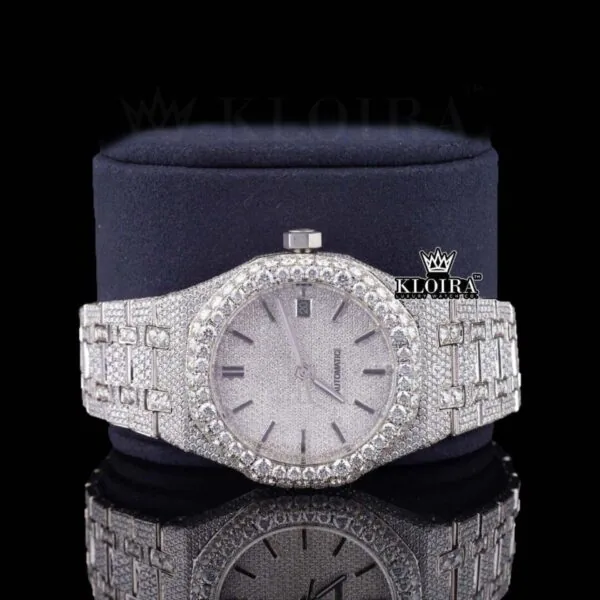 Black Stick Markers White Dial AP Bust Down Moissanite Diamond Watch Close Up Front View