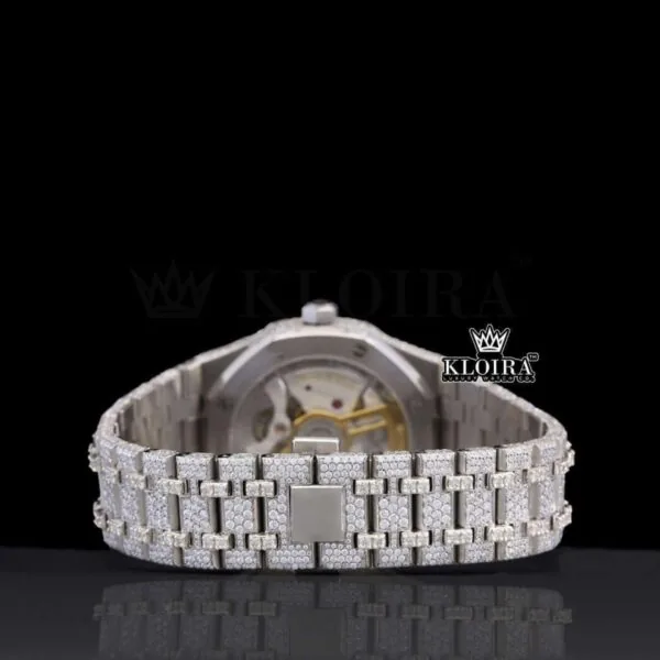 Black Stick Markers White Dial AP Iced Out Moissanite Watch Caseback View