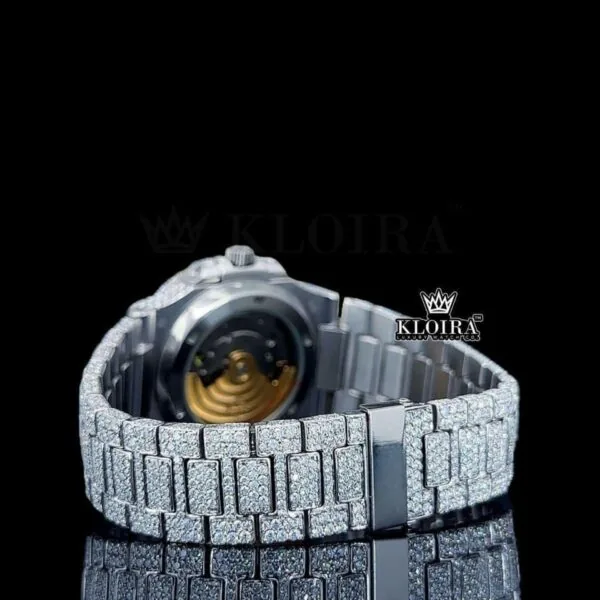 Black Stick Markers White Dial Fully Iced Moissanite Diamond Watch Caseback View