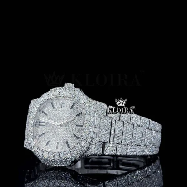 Black Stick Markers White Dial Fully Iced Moissanite Diamond Watch Left Profile View