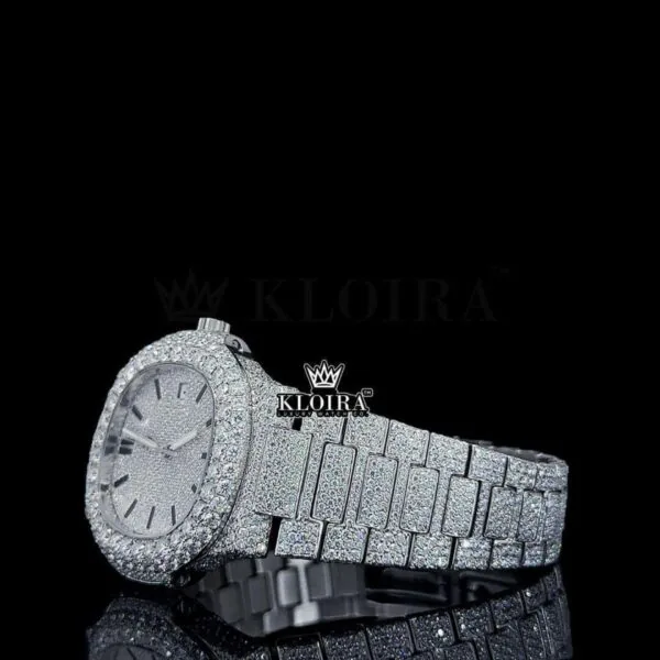 Black Stick Markers White Dial Fully Iced Moissanite Diamond Watch Left Side Bracelet View