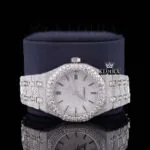 Black Stick Markers White Dial Fully Iced Out Lab Grown Diamond Watch Close Up Front View