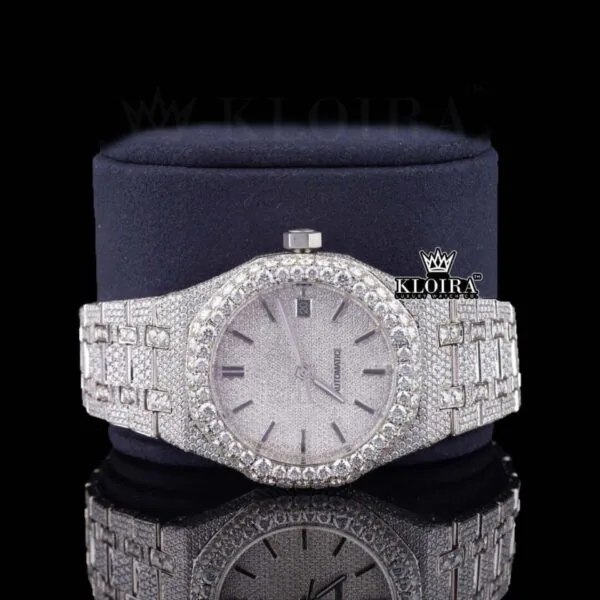 Black Stick Markers White Dial Fully Iced Out Lab Grown Diamond Watch Close Up Front View