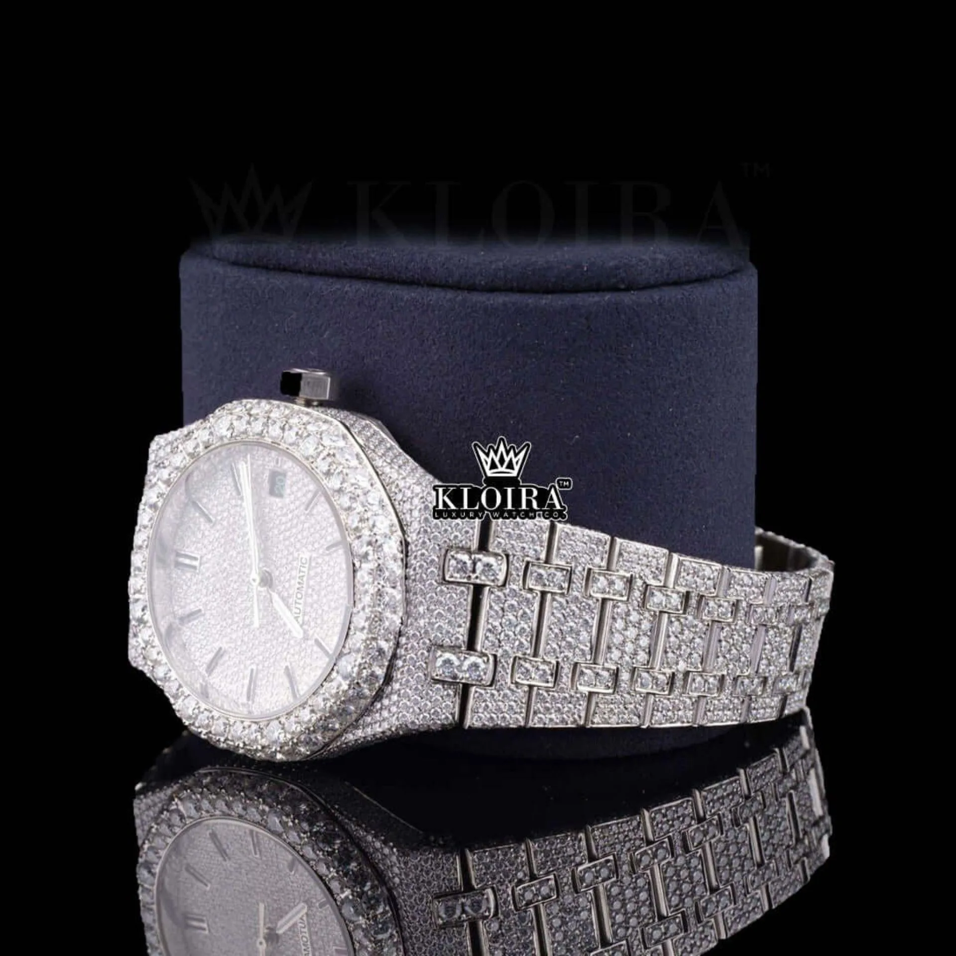 Black Stick Markers White Dial Fully Iced Out Lab Grown Diamond Watch Left Profile View