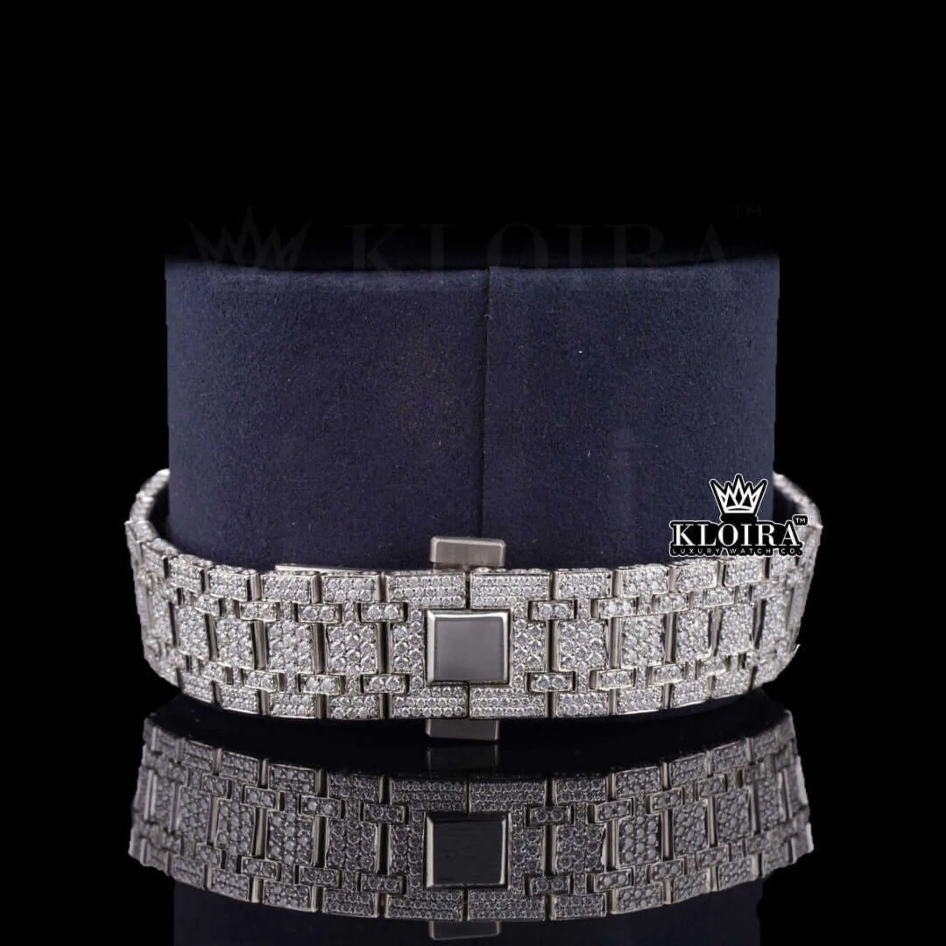 Black Stick Markers White Dial Fully Iced Out Lab Grown Diamond Watch Strap View