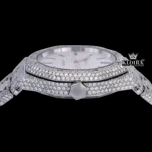 Black Stick Markers White Dial Fully Iced Out Moissanite Diamond Watch Crown View
