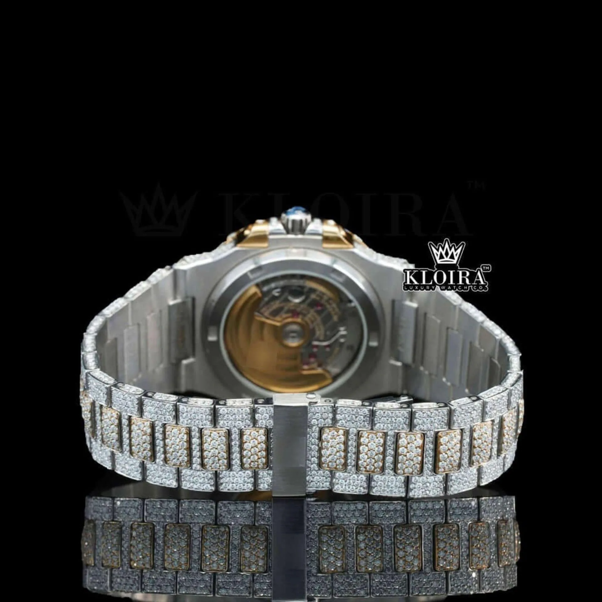 Black Stick Markers Yellow Dial Fully Iced Lab-Grown Diamond Watch Caseback View