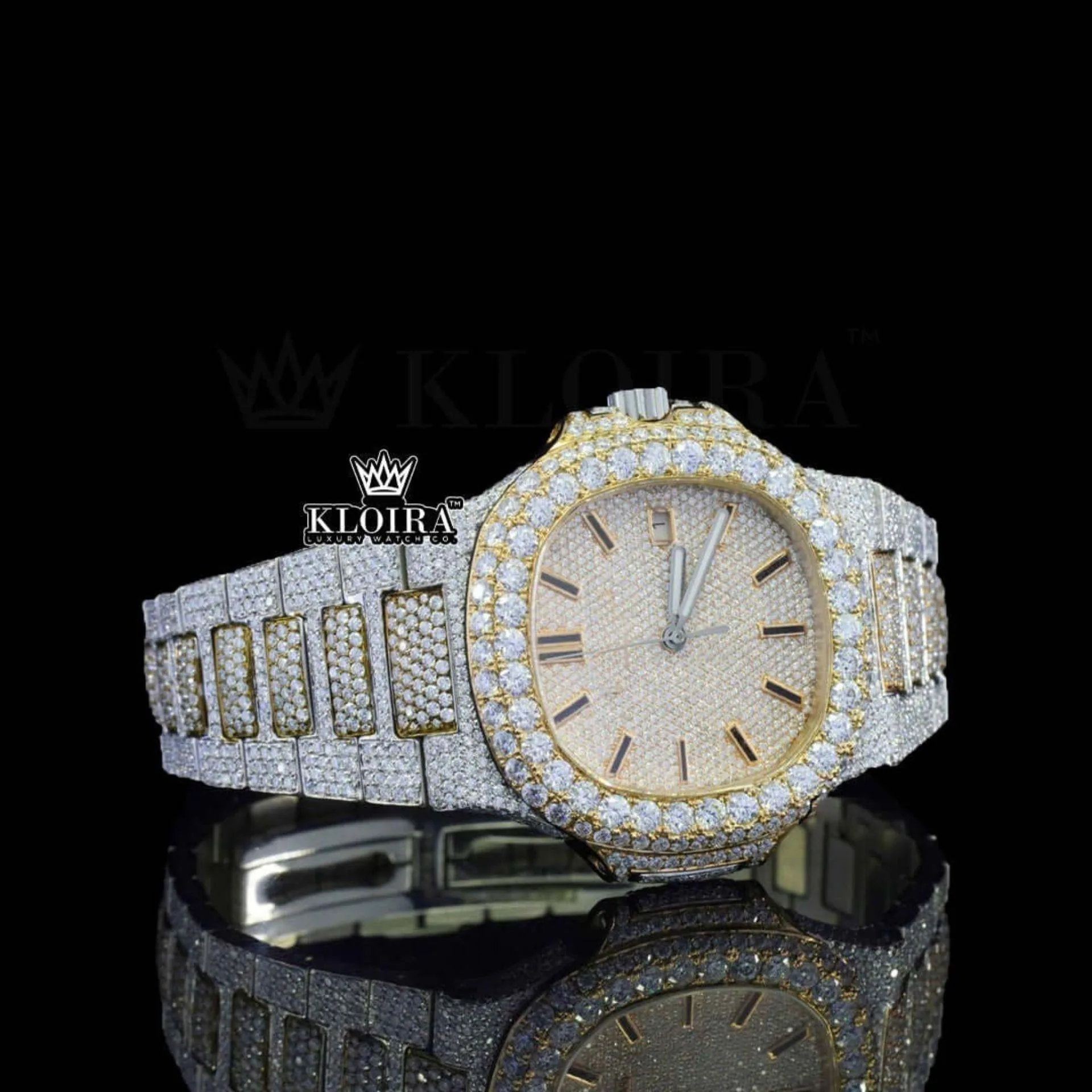 Black Stick Markers Yellow Dial Fully Iced Lab-Grown Diamond Watch Right Profile View
