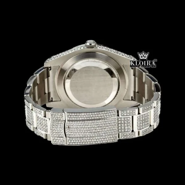 Blue Arabic Numerals Dial Iced Out Diamond Link Strap Moissanite Watch Caseback View