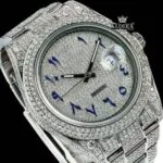 Blue Arabic Numerals Dial Iced Out Diamond Link Strap Moissanite Watch Close Up Dial View