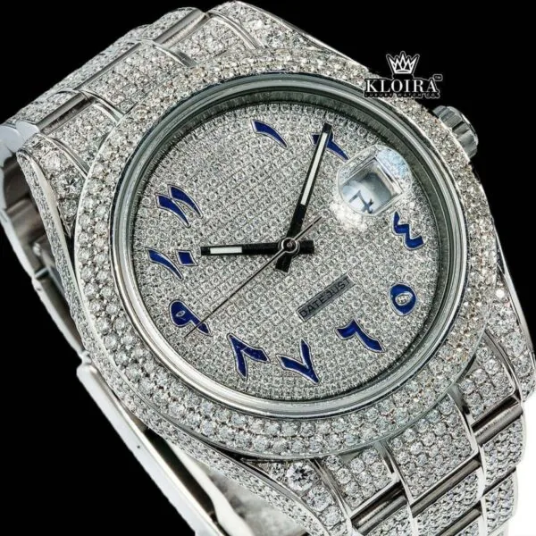 Blue Arabic Numerals Dial Iced Out Diamond Link Strap Moissanite Watch Close Up Dial View