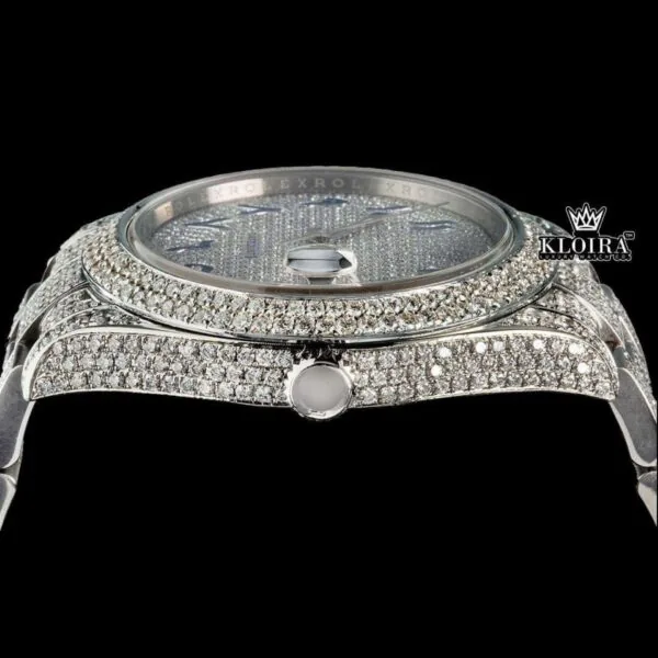 Blue Arabic Numerals Dial Iced Out Diamond Link Strap Moissanite Watch Crown View
