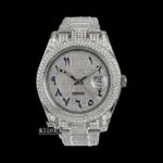 Blue Arabic Numerals Dial Iced Out Diamond Link Strap Moissanite Watch Front View