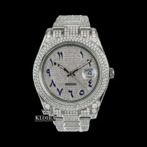 Blue Arabic Numerals Dial Iced Out Diamond Link Strap Moissanite Watch