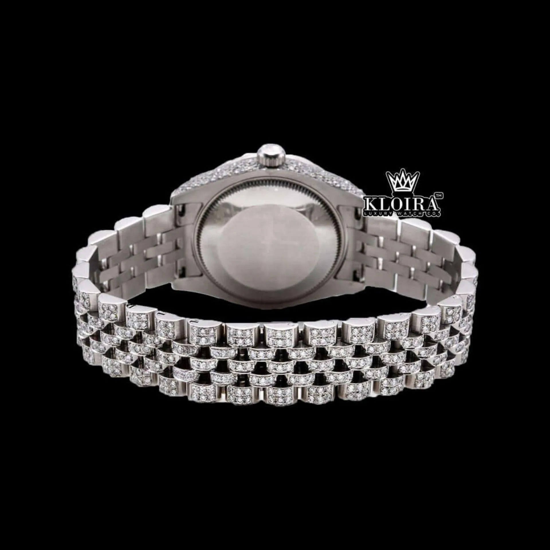 Blue Arabic Numerals Fully Iced Out Moissanite Diamond Watch Caseback View