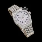 Blue Arabic Numerals Fully Iced Out Moissanite Diamond Watch Close Up Front View