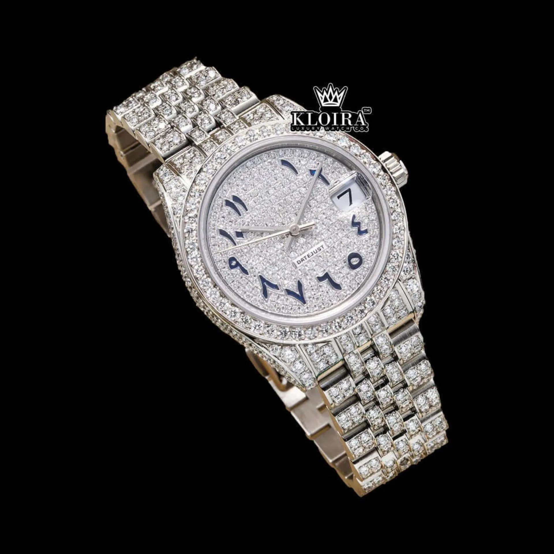 Blue Arabic Numerals Fully Iced Out Moissanite Diamond Watch Close Up Front View