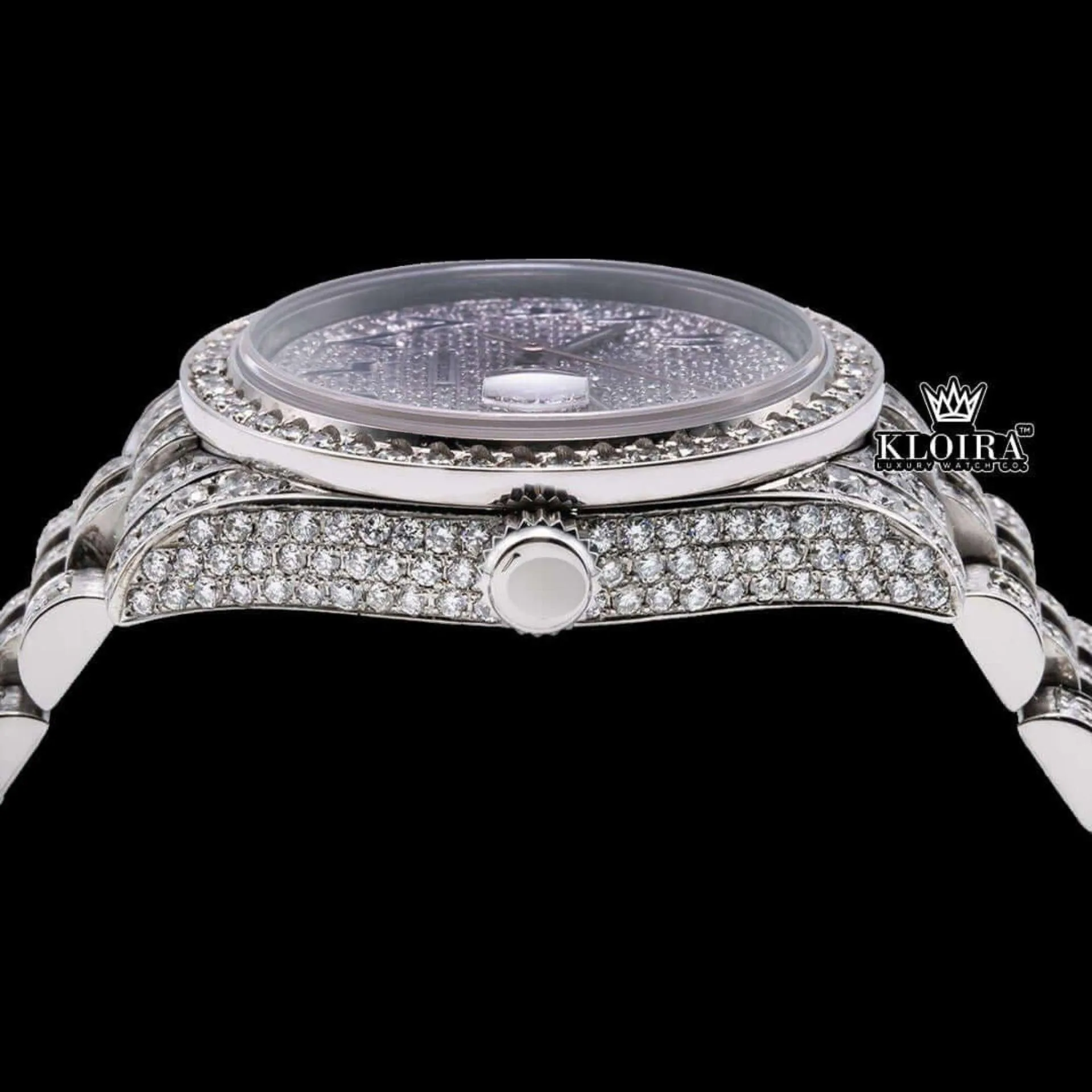 Blue Arabic Numerals Fully Iced Out Moissanite Diamond Watch Crown View