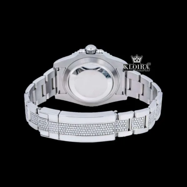 Blue Bezel Diamond Markers Dial Fully Iced Out Moissanite Watch Caseback View