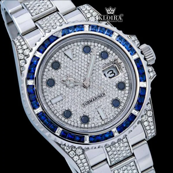 Blue Bezel Diamond Markers Dial Fully Iced Out Moissanite Watch Close Up Dial View