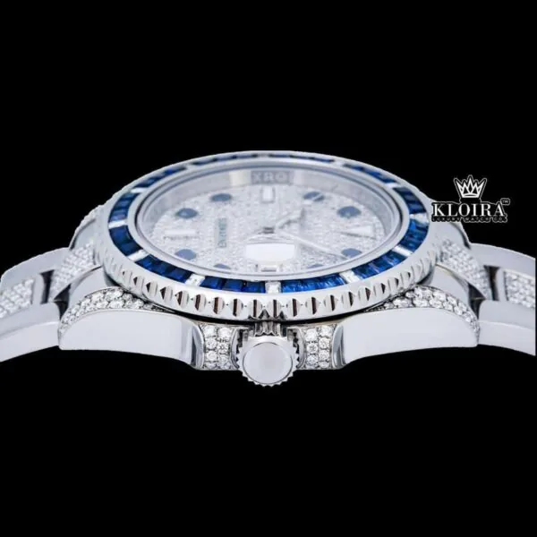 Blue Bezel Diamond Markers Dial Fully Iced Out Moissanite Watch Crown View