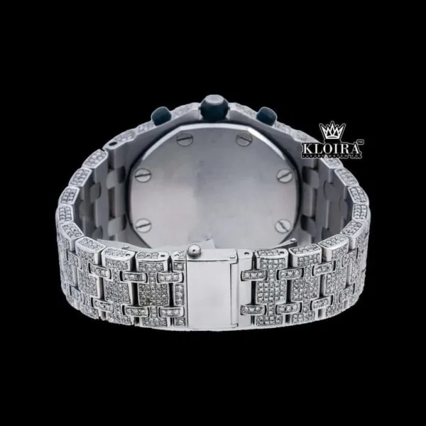 Blue Chronograph Dial Standard Numerals Fully Iced Out Moissanite Watch Caseback View