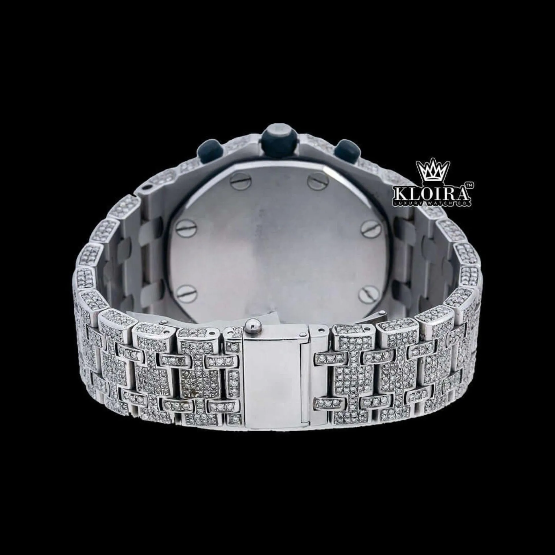 Blue Chronograph Dial Standard Numerals Fully Iced Out Moissanite Watch Caseback View